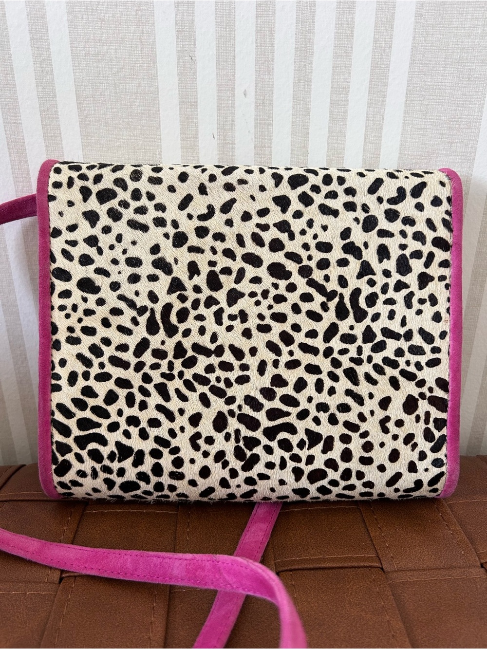 VINTAGE VAN ELi Pony Hair Spotted Pink Suede Crossbody Handbag Removable Strap - Picture 2 of 15